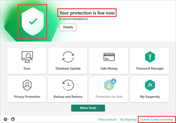 The main window in Kaspersky products