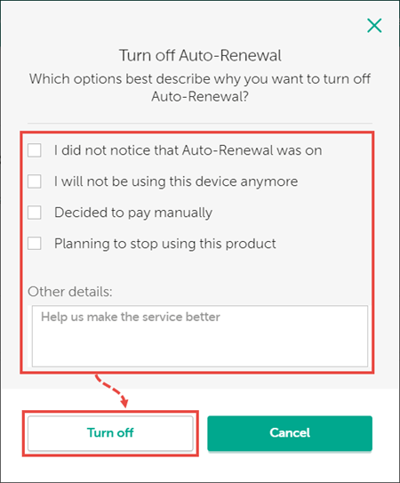 Selecting a reason for cancelling the subscription on My Kaspersky