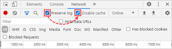 The Preserve log and Disable cache checkboxes in the Google Chrome developer panel