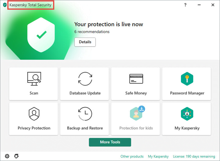 The application name in the main window of a Kaspersky application
