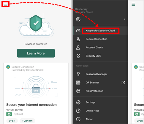The application name in the side menu of a Kaspersky application for iOS