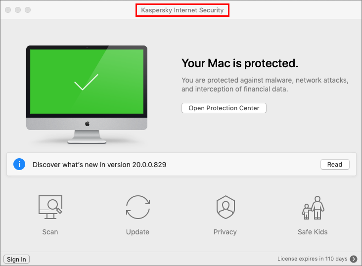 The application name in the main window of a Kaspersky application for macOS