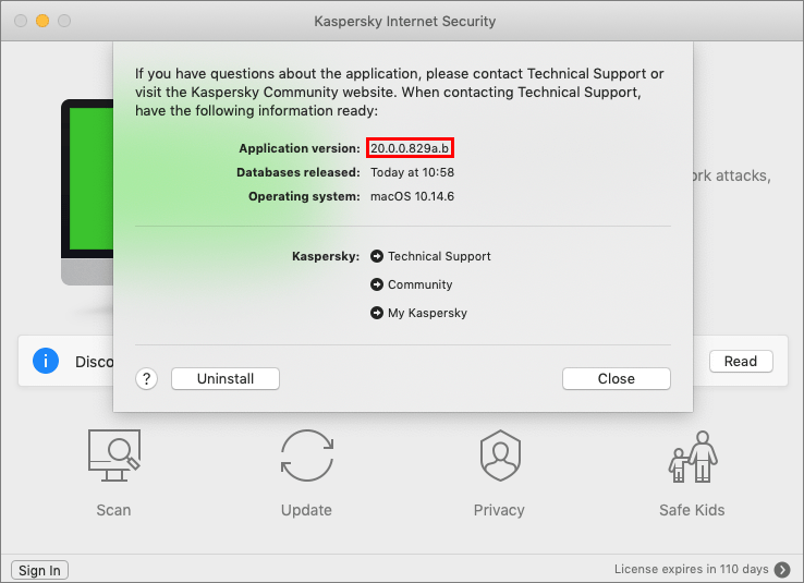 The application version number in the Support window of a Kaspersky application for macOS