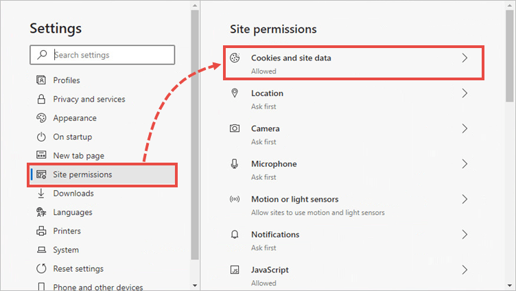 The Settings window in Microsoft Edge with Site permissions item selected