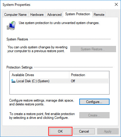 Completing the disabling of system protection in Windows 10