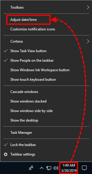 Opening time and date settings in Windows 10.