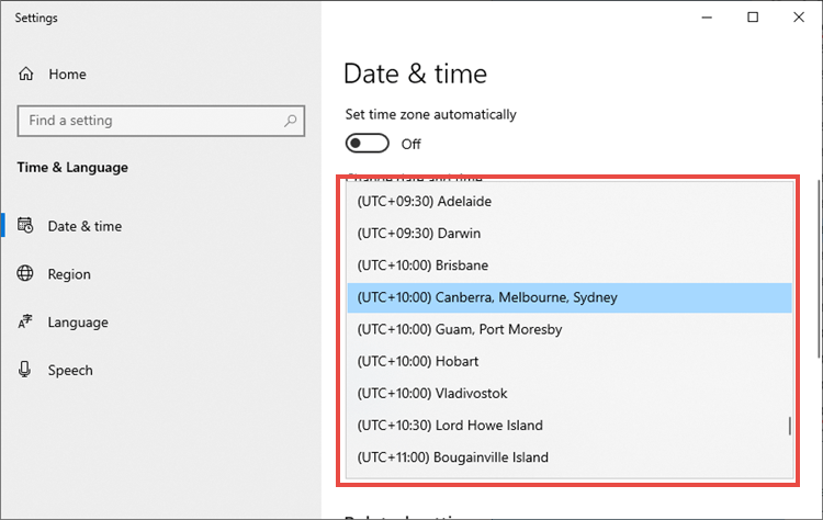 Selecting a time zone in Windows 10. 