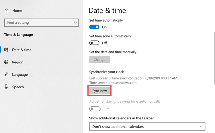 The time and date settings window with the Sync now button highlighted.