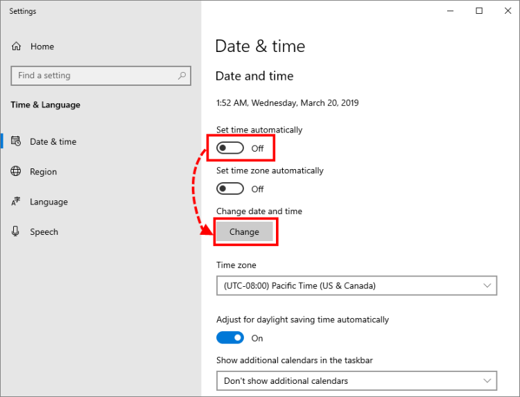 The time and date settings window with the Set time automatically toggle highlighted.