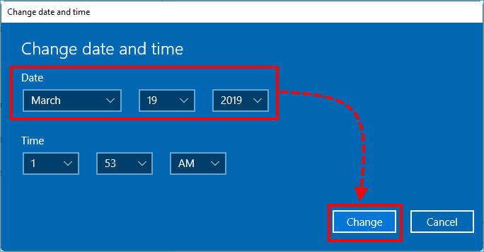 The Change time and date window.