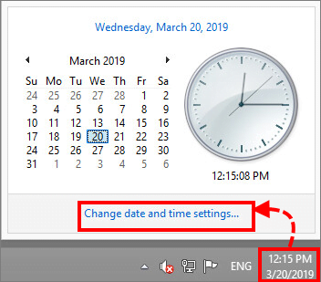 The clock with the Change date and time settings link highlighted.