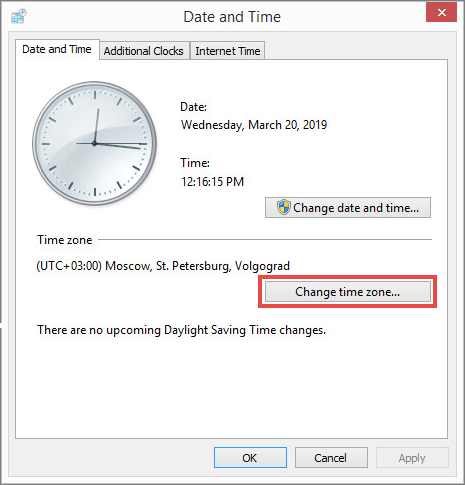 The Date and time window with the Change time zone button selected.