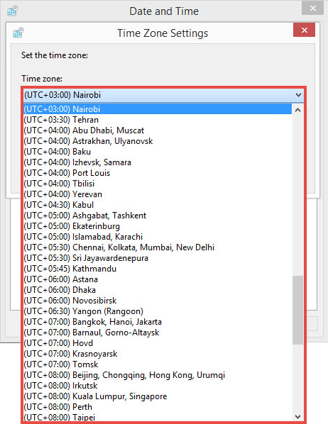 Time zone drop-down list in Windows 8.