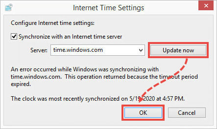 The Internet time settings window in Windows 8.