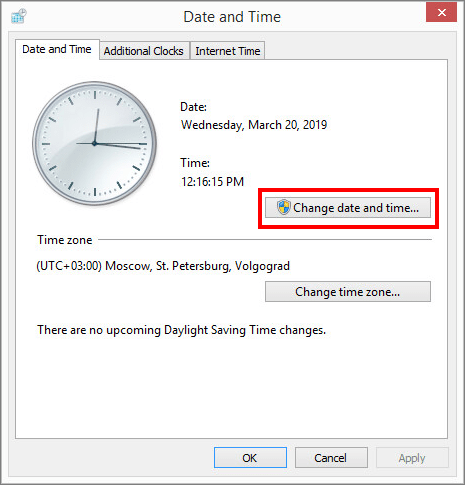 The Date and Time tab in Windows 8.