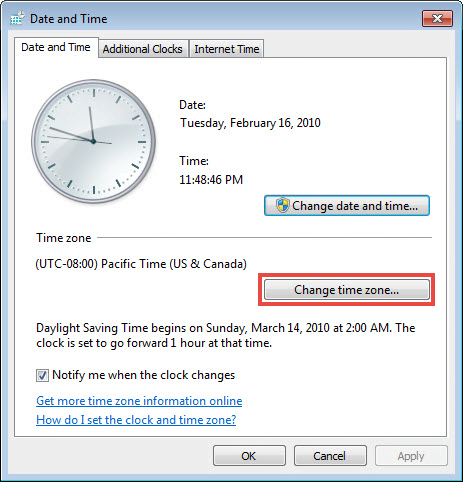 The Date and time window with the Change time zone button.