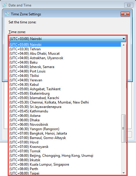 Time zone drop down list in Windows 7.