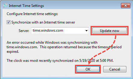 The Internet time settings window in Windows 7.