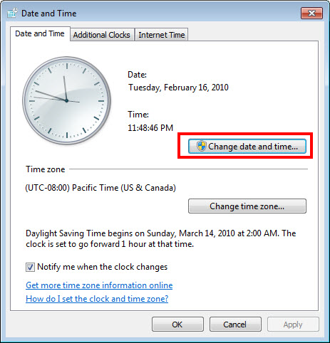 The time and date window in Windows Vista and Windows 7.