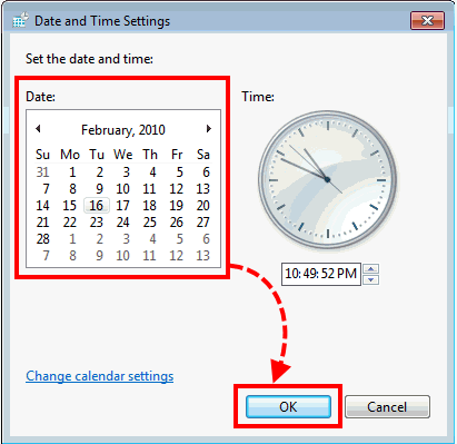 The Date and Time settings window in Windows Vista and Windows 7.