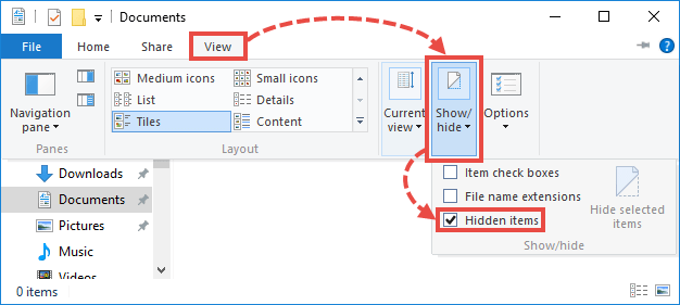 Hidden folders settings in Windows 10