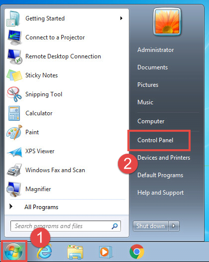Opening Control Panel in Windows 7