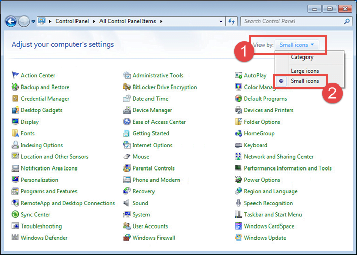 Changing view settings of Control panel in Windows 7