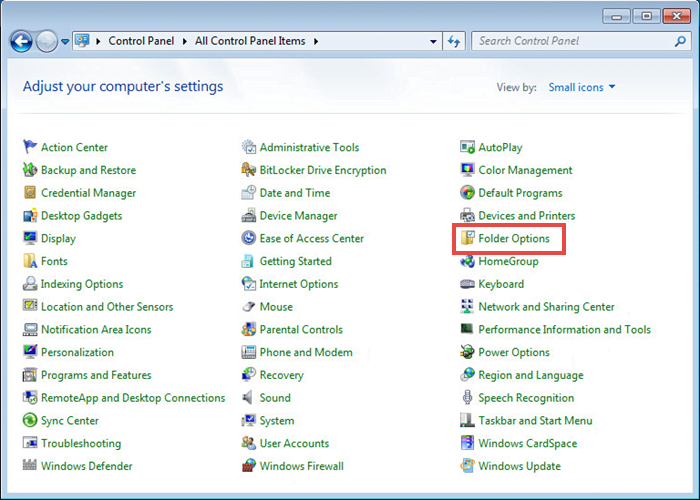 Opening folder options in Windows 7
