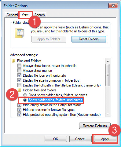 Hidden folders settings in Windows 7