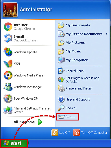 Opening the Run tool in Windows XP