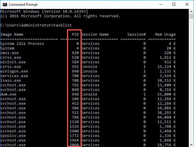 The PID column in the command prompt window