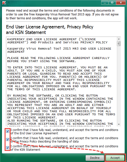 The license agreement and the privacy policy window
