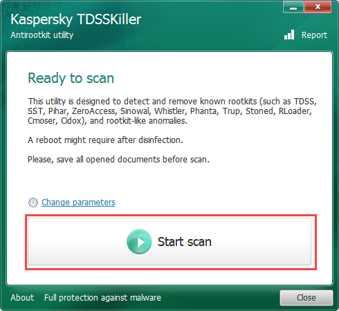 Starting a scan with TDSSKiller