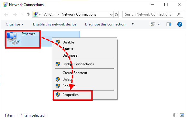 Opening the network device properties in Windows 10