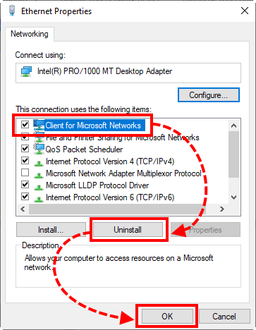 Removing Client for Microsoft Networks in Windows 10