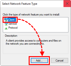 Going to the network client selection in Windows 10