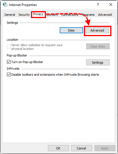 Opening the advanced privacy settings in Windows 10