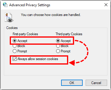 Allowing cookies in Windows 10