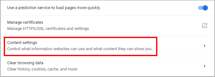 Opening Google Chrome content settings