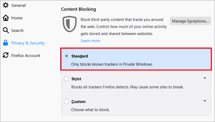 Selecting standard content blocking in Mozilla Firefox