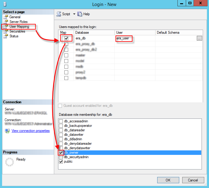 How to set the database user in the MS SQL Server Management