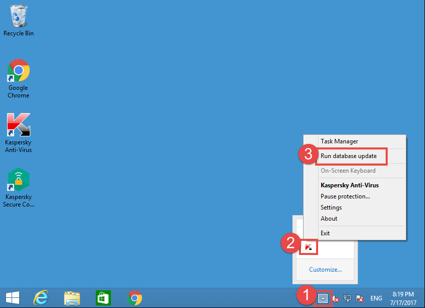 Image: the Kaspersky Anti-Virus right-click menu in the notification area of Desktop