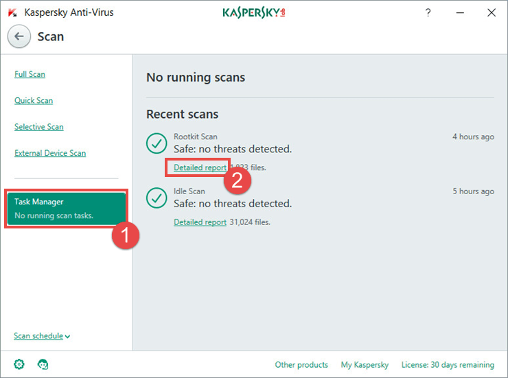 Image: the scan report window in Kaspersky Anti-Virus 2018