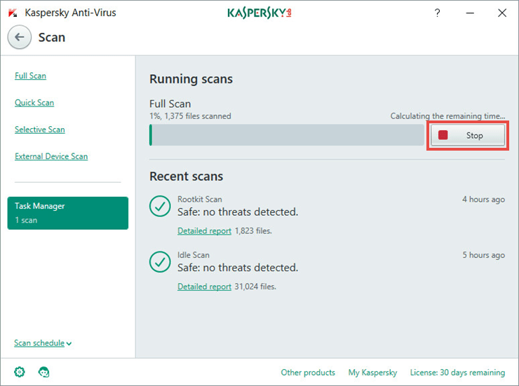 Image: stopping the scan task in Kaspersky Anti-Virus 2018