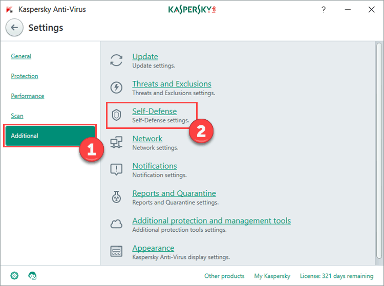 Image: the Settings window in Kaspersky Anti-Virus 2018 