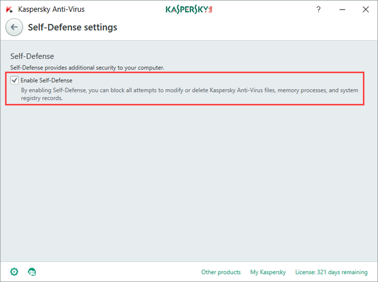 Image: the Self-Defense settings window in Kaspersky Anti-Virus 2018 