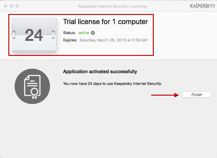 The trial version of Kaspersky Internet Security 16 for Mac has been activated.