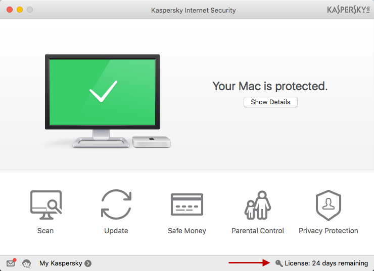 To use the full version of Kaspersky Internet Security 16 for Mac, click License in the main window