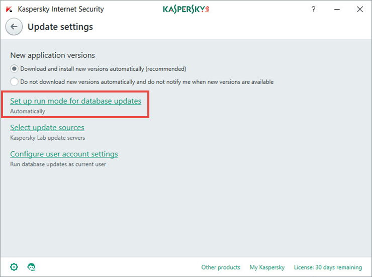 Image: the Update settings window in Kaspersky Internet Security 2018