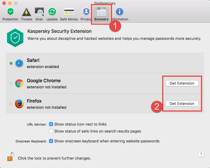 Image: browser settings in Kaspersky Internet Security 18 for Mac